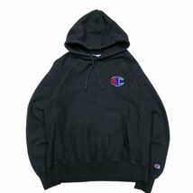 USA 古着 チャンピオン Champion リバースウィーブ Reverse Weave ワンポイント プルパーカー スウェット フード ブラック M_画像1