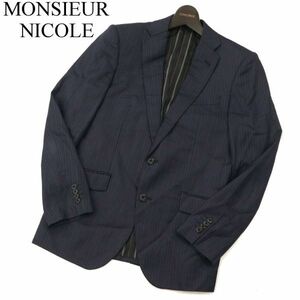 MONSIEUR NICOLE ムッシュ ニコル 通年 総裏 ウール ストライプ★ 2B アンコン テーラード ジャケット Sz.46　メンズ 紺　C3T00943_2#O