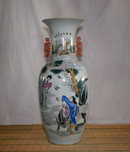 景徳鎮 陶磁器 大きな花瓶 壺 高さ約57㎝ 彩色 図柄 花器 飾壺 美術 インテリア 【b1-t-178】