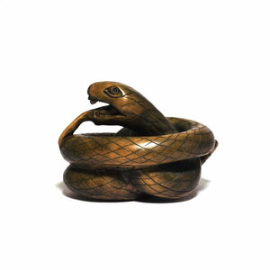根付 蜷局を巻く蛇 柘植 木彫品 木製 彫刻品 ヘビ na07-c2-8