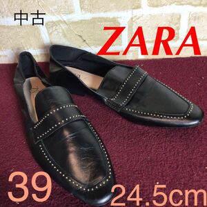 【売り切り!送料無料!】A-286 ZARA!スリッポン!黒!39 24.5cm位!ローファー!ビジュー!装飾!おしゃれ!かっこいい!中古!