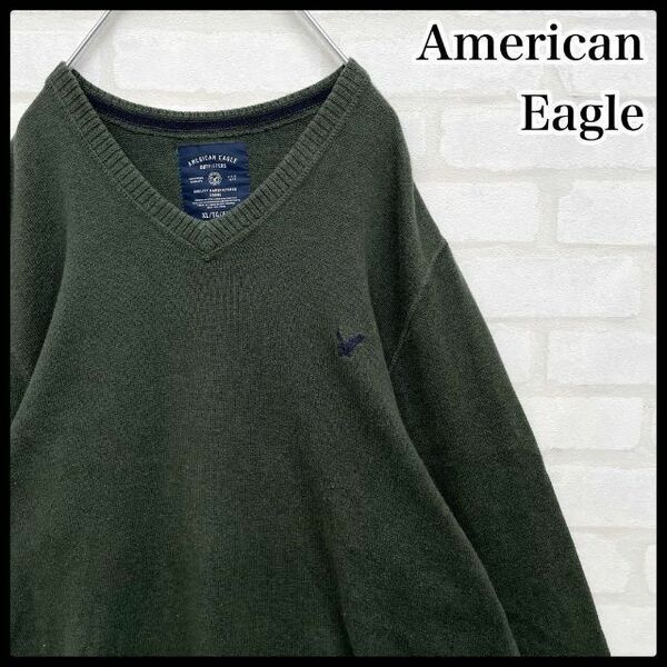 【大人気】アメリカンイーグル 刺繍ロゴ Vネック コットンニットセーター カーキ アーミーグリーン メンズ XLサイズ American Eagle