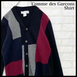 【イタリア製】COMME des GARONS SHIRT ウール Vネックカーディガン メンズ Sサイズ クレイジーパターン コムデギャルソン