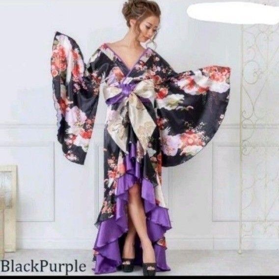 サテン和柄フリルロング着物ドレスBP