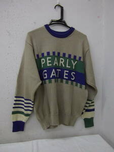 (57)★PEARLY GATES　パーリ―ゲイツ　ロゴ　ニット　セーター　毛100％　サイズM　メンズ　ベージュ系