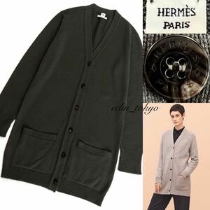 [E3489] as good as new HERMES Hermes great popularity Serie button { top class! cashmere 100%} knitted long cardigan coat 38 beautiful khaki color 