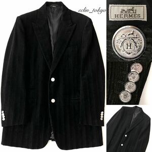 【E3787】美品！HERMES エルメス《最高級！美しく輝く銀色のクルードセルボタン！》コーデュロイ テーラード ジャケット 黒 ピークドラペル