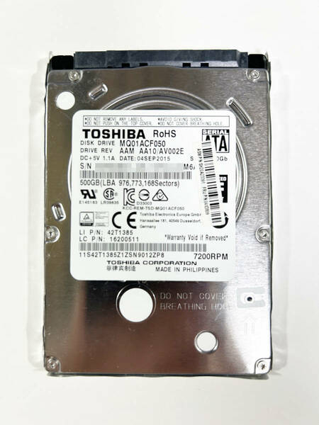 【J-510】■送料無料■ 中古 TOSHIBA HDD500GB 2.5インチ 厚さ7mm 動作保証品