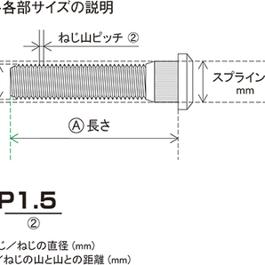 KYO-EI ハブボルト キョーエイ Hub Bolt SBT-2 M12 P1.5 長さ 57mm スプライン径 14.2mm 20本 トヨタ 日本製の画像2