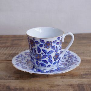 Art hand Auction [Con defectos] Hecho en Irán Alborz Azul Cobalto Oro Patrón Floral Taza de Café Platillo Alborz Retro Pintado a Mano, utensilios de té, taza y plato, Taza de café