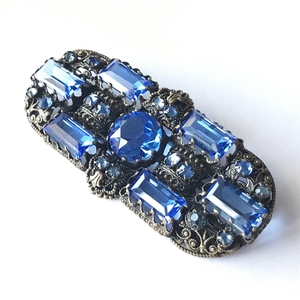 Filigree brooch 1920s vintage sapphire blue glass rhinestone blue