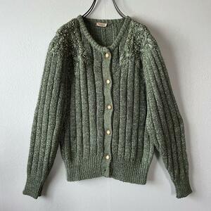 古着 パール装飾カーディガン 模様編み くすみグリーン 緑 レトロ ざっくり M 春 羽織り