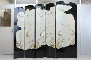 E0041 folding screen * direct receipt only (pick up) partition partitioning screen six bending sphere stone sculpture stone skill divider interior fine art lacquer industrial arts flowers and birds map crane Tokyo departure D0429