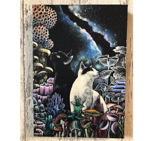 Art hand Auction Nuit étoilée Chat Art Champignon Étoilé Forêt Peinture SM Reproduction Panneau de Bois 22.7 cm x 15.8 cm Épaisseur 2 cm 010 Chat Champignon, Ouvrages d'art, Peinture, acrylique, Entaille