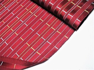 着物はぎれ(古布）正絹繻子織 赤系ストライプチェック (35x258cm)