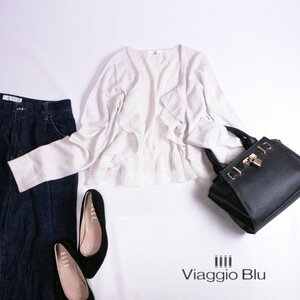 美品 ビアッジョブルー Viaggio Blu ■ 上品 軽やか 飾シフォン ニットカーディガン ウール 春ニット 2 ホワイト 白