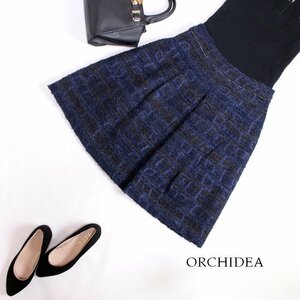 美品 厚手 ORCHIDEA 株) ワールド ■ 秋 冬 可愛い 柄 ウールスカート ツイードスカート 40 11号 ネイビー 紺