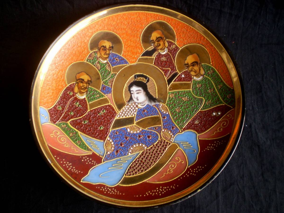 loza kutani, inscripción (bosque de templos japoneses), plato de imagen, plato mediano, cinco hombres sabios, pintura budista, color dorado, pintado a mano, diámetro 21cm, ceramica japonesa, kutani, plato