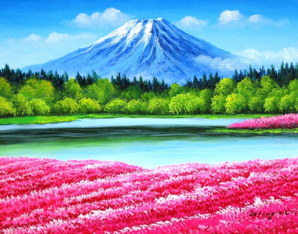 富士山絵画油絵風景画芝桜公園からの富士山F6 WG283B お得な価格設定で