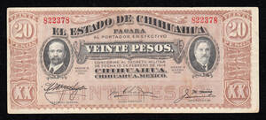 Pick#S537a/メキシコ革命期紙幣 チワワ州 20ペソ（1914）[1190]