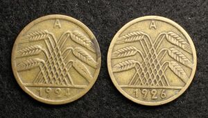 KM#32/ドイツワイマール共和国 5レンテンペニヒ黄銅貨（1924.26）2種セット[E586]コイン