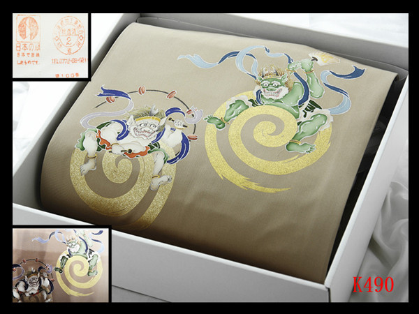 [Arte] K490 obra maestra cuidadosamente seleccionada Shiose hizo obi pintado a mano Yuzen teñido cresta Fujin Raijin Color arena seda pura arte de alta calidad Nagoya obi Nuevo ◇ Inspeccionado ◇ Horquilla kimono bolsa obi apretando, banda, Obi de Nagoya, A medida