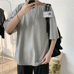 【ＸＬ★グレー】 メンズ シンプル 無地 ビッグシルエット Tシャツ ストリート