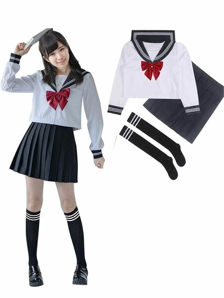 コスプレ 長袖 女子高生 4点セット 制服スカート 学生服 仮装 JK 赤いリボン スカート ストッキング 白 ハロウィン 学園祭