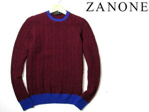 即決■ 安い！　イタリア製　ザノーネ　ケーブル編み　縄編み　アランニット　46サイズ　マルーン　ブルー　ZANONE　セーター クルーネック
