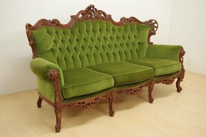 ro here style 3 seater . sofa 3P cat legs sculpture European antique style length chair reception .. living green moquette classical elegant velour 