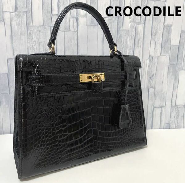 CROCODILE クロコダイル シャイニング シャイニー ハンドバッグ カデナ 南京錠 ゴールド金具 センター取 ワニ革 ベルトデザイン Bolsetta