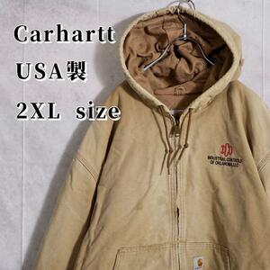 カーハート　アクティブジャケット　USA製　キャメル　企業ロゴ　刺繍　Carhartt ダックジャケット　2XLサイズ　アメリカ製　