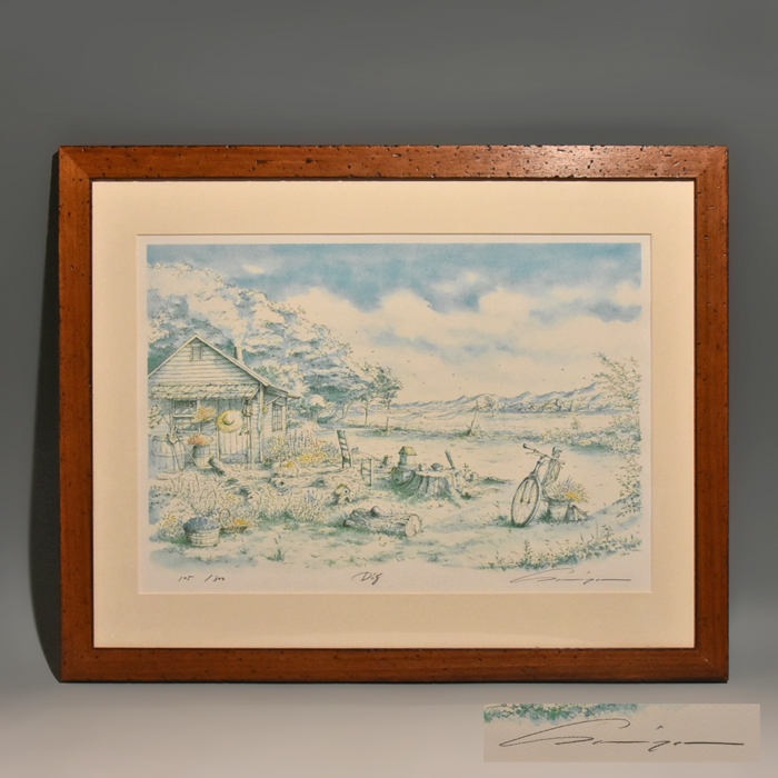 [Authentic work] Shinya Uchida large format lithograph with pencil signature 105/300 framed watercolor watercolor landscape painting print painting calligraphy art interior z2869k, artwork, print, lithograph, lithograph