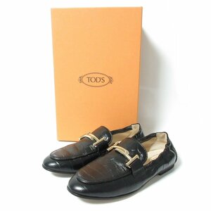 美品 TOD'S トッズ 型押しレザー ダブルTメタル スリッパ ローファー バブーシュ フラットシューズ 34 約21cm 黒 ブラック