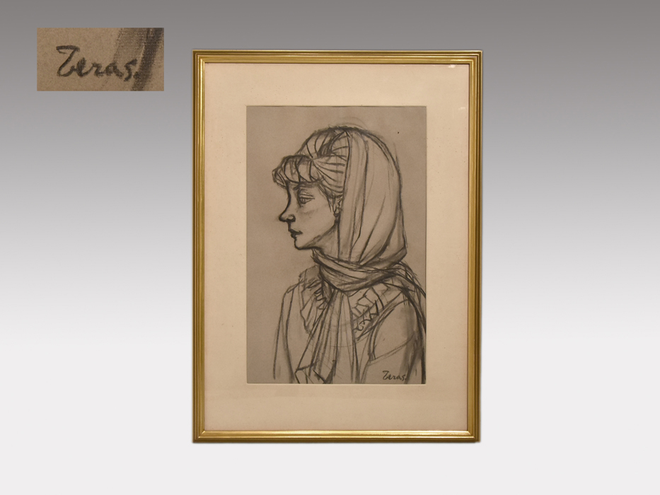 [Genuine] Ryuichi Terashima sketch Woman in a scarf Signed Framed Drawing Sketch Study Charcoal Pencil Painting Calligraphy y1196, Artwork, Painting, Pencil drawing, Charcoal drawing