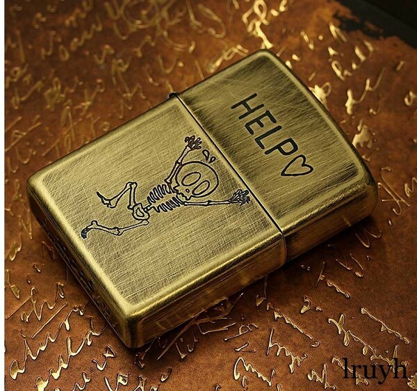 ユーズドスカル ZIPPO 真鍮 ゴールド ビンテージ　HELP アンティーク エッチング おしゃれ 音が良い MADE IN USA 永久保証付