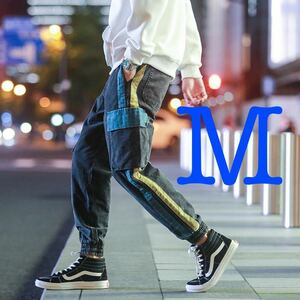 ラインパンツ カーゴパンツ ボトムス ジョガーパンツ テーパードパンツ サルエルパンツ ワークパンツ 黒 ブラック 青 ブルー パンツ