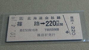 JR北海道　B型硬券【札沼線】篠路→220円区間　10.4.19