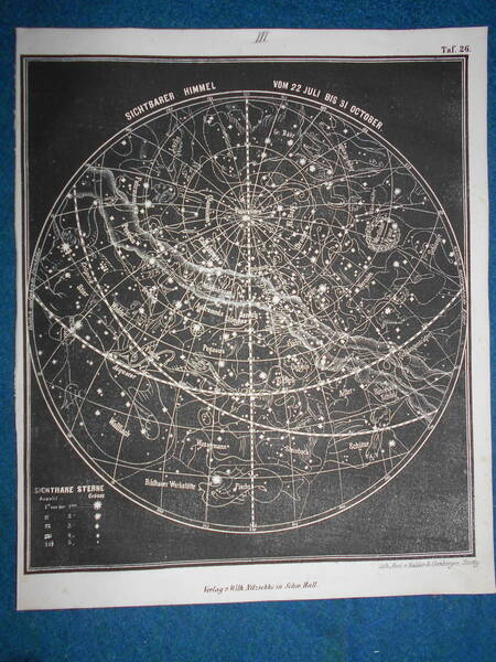 即決1850年頃ドイツ版『スミス図解天文学図26　夏の星座』天文暦学書アンティーク、星図、星座早見盤　Astronomy, Star map, Planisphere