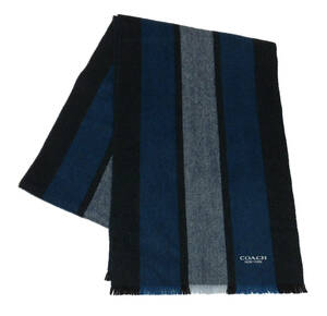 ◆美品 COACH コーチ F76059 VARSITY SPORT SCARF ウール×カシミア ストライプ マフラー ネイビー