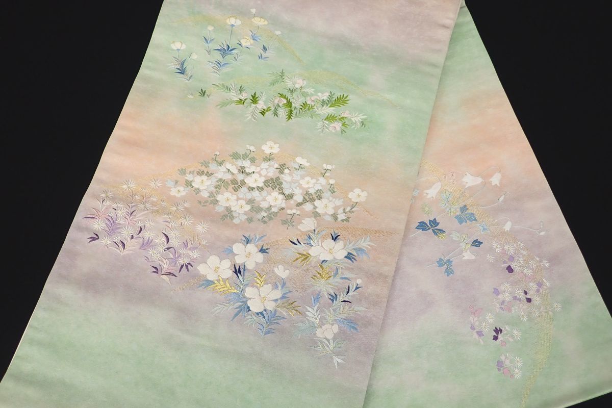 O-2367 袋帯 汕頭刺繍 グラデーション 金糸の花柄刺繍 ファッション