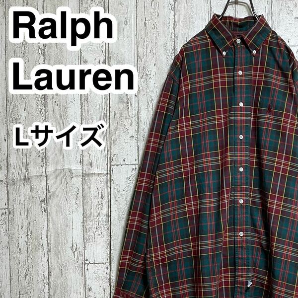 【人気ブランド】Ralph Lauren ラルフローレン 長袖 BDシャツ ボタンダウンシャツL ワインレッド グリーン チェック 刺繍ポニー 23-22