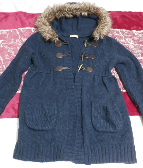 Navy blue fluffy hooded seashell button long cardigan outerwear, ladies' fashion, cardigan, m size