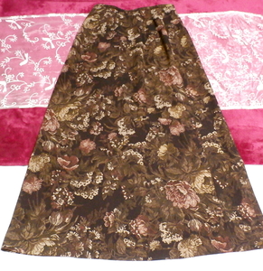 茶色ブラウン花柄ロングマキシスカート/ボトムス Brown flower pattern long maxi skirt,ロングスカート&フレアースカート、ギャザースカート&Mサイズ