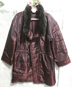 赤紫ワインレッド色ボア襟メタリック風ダウンコート/外套 Red purple wine red color down coat,コート&ダウンコート&Mサイズ