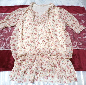 フリルネック花柄ネグリジェチュニックワンピース Frill neck flower pattern negligee tunic dress