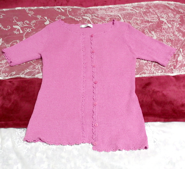 Purple pink knit t-shirt tops, tunic, short sleeve, m size