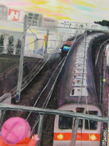 Art hand Auction ≪Komikyo≫, Mémi Sato, Enfant saluant le train, peinture à l'huile, F6 n° : 40, 9×31, 8 cm, Peinture à l'huile unique en son genre, Peinture à l'huile neuve de haute qualité avec cadre, Signé à la main et authenticité garantie, peinture, peinture à l'huile, Nature, Peinture de paysage