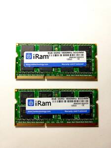 送料安★iRam PC3-12800S 16GB(8GB×2枚) DDR3-1600 204pin ノート用 メモリ/MacやWinに★ IR8GS01600D3 テスト済み エラーなし