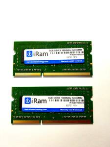 送料安★iRam PC3-12800S 8GB(4GB×2枚) DDR3-1600 204pin ノート用 メモリ/MacやWinに◎ IR4GSO1600D3